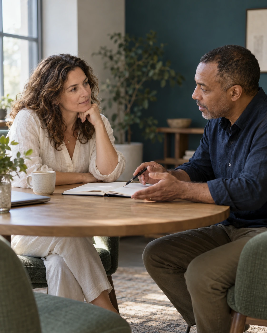 Illustrative coaching conversation, with two adults discussing an open workbook.