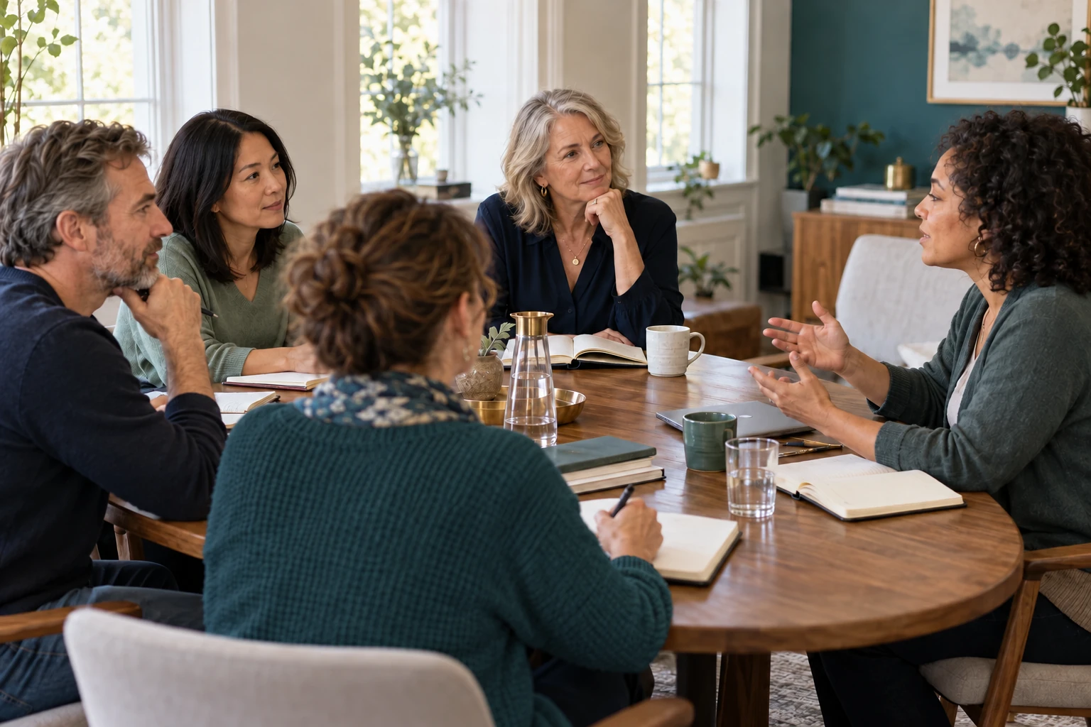 Illustrative in-person coach training, with adults practicing a coaching conversation around a classroom table.